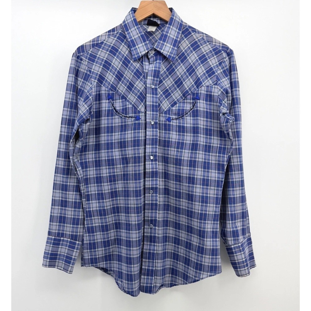 Vintage Levis Western Shirt Men M Blue Plaid Pearl Snap Smile Pocket Lightweight